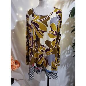 LOGO Lori Goldstein Floral Ruffle Tunic Top Size 1X Gingham Pocket Artsy Layered